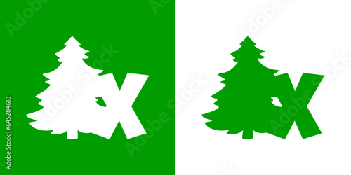 Tiempo de Navidad. Logo con letra inicial X con silueta de árbol de navidad tipo pino o abeto para su uso en invitaciones y felicitaciones