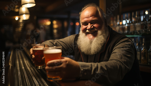 overweight bar tender standing behind the bar in a pub,One beer glass on the bar,hands on head.