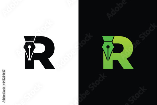 initial Letter R ink pen logo design. Letter R pen logo in modern style concept.