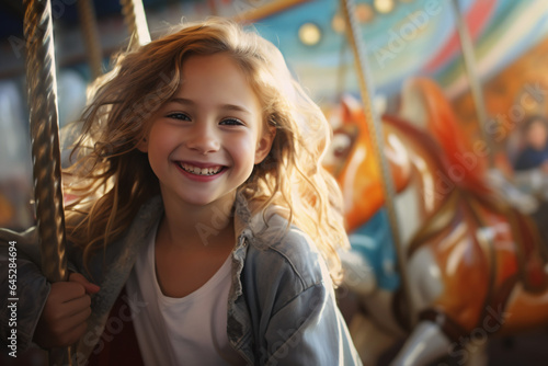 A girl is happy and smiling and looking at the camera in an amusement park. Blurred carrousel blurred in the background