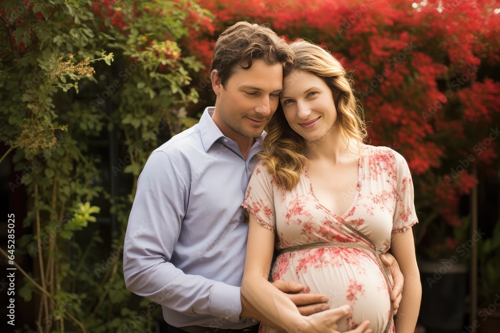 Pregnant Caucasian couple hugging outdoors Pregnant Caucasian couple hugging outdoors