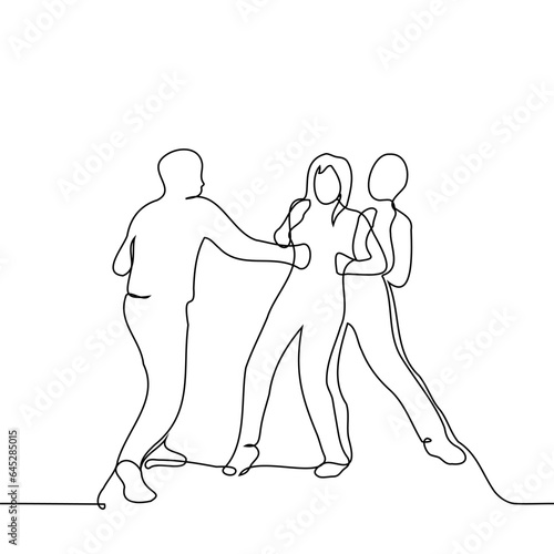 men beat a woman - one line art vector. concept male violence or bullying against women