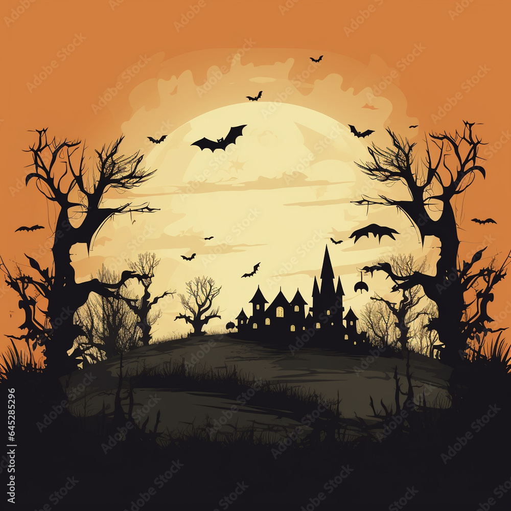 Halloween Themed Art Template with Bats Flying Across a Vibrant Night Sky - Vintage Creepy Landscape with Haunted Houses, Trees, and Structures - Square