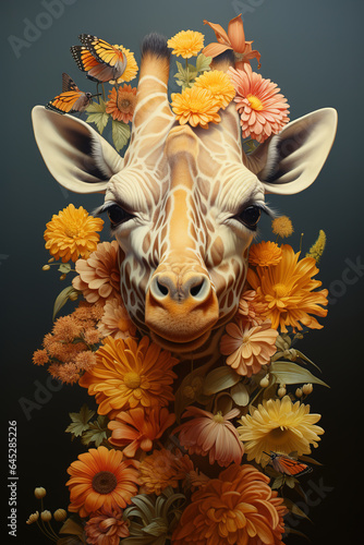 Image of giraffe head with beautiful flowers. Wildlife Animals. Illustration, Generative AI.