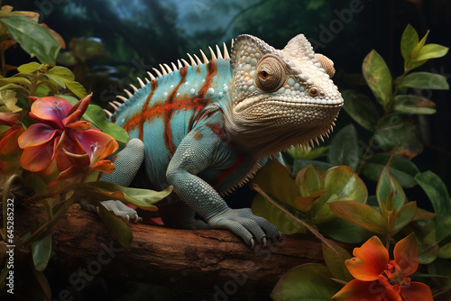 Image of a chameleon and beautiful flowers  Reptile  Wildlife Animals.  Generative AI  Illustration.