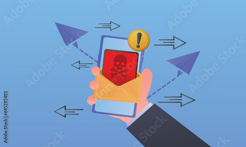 System Warning on Smartphone Hackers Defraud Users Online Using Mobile Phones.on blue background.Vector Design Illustration.