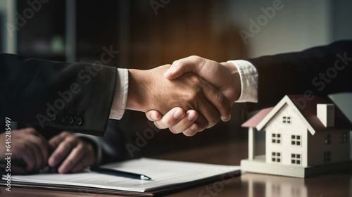 A businessman and a customer shake hands in front of a residential house, signifying a successful agreement and the completion of a real estate deal.