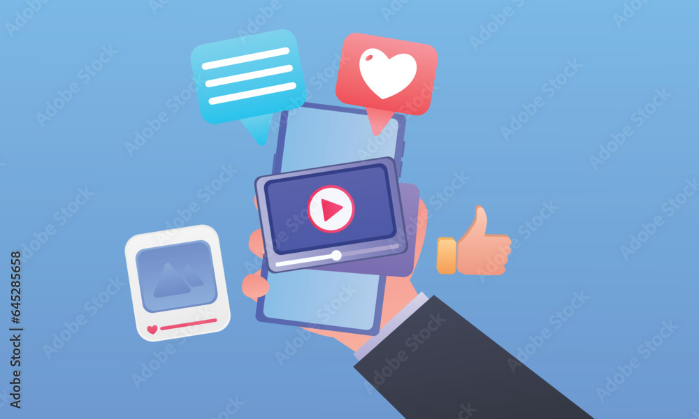 Social Media with video and photo galleries on mobile.on blue background.Vector Design Illustration. Social Media with video and photo galleries on mobile.on blue background.Vector Design Illustration.