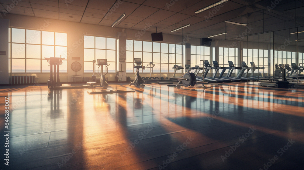 Empty Pristine Gym at Dawn: Soft Natural Light and Long Shadows