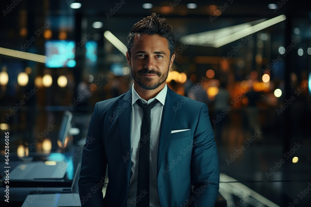 Handsome businessman in formal wear smiling and looking at camera, financial director business man wearing suit and looking at camera Generative AI - obrazy, fototapety, plakaty 