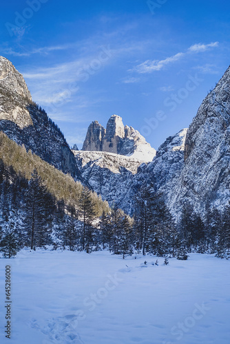 View to the Tre Cime di Lavaredo in the Dolomites, Italy