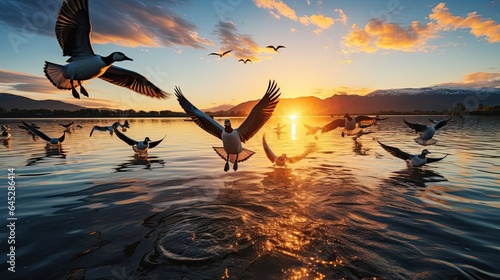 A flock of birds taking flight from a lake, capturing their synchronized movements