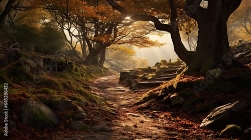 A path blanketed with fallen autumn leaves, inviting exploration