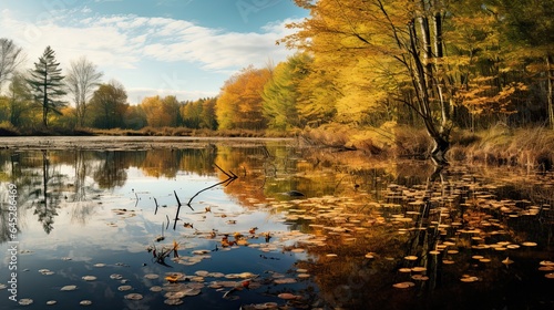 A serene pond reflecting the autumn foliage, capturing nature's mirror
