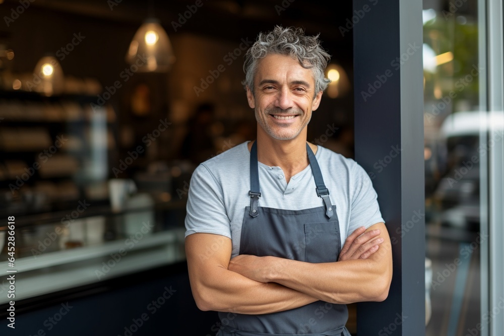 Portrait happy café owner in apron standing with crossed arms in café. Portrait happy café owner in apron standing with crossed arms in café.