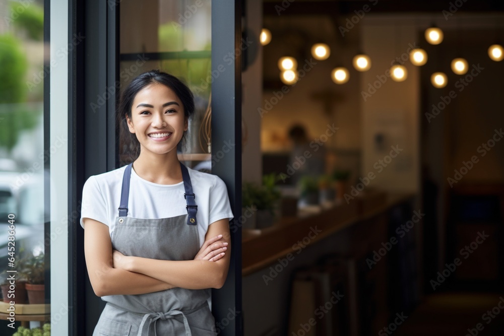 Portrait happy café owner in apron standing with crossed arms in café.