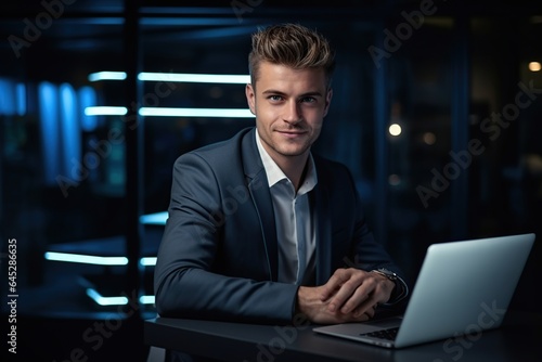 Handsome businessman professional working on aptop computer in office, Generative AI © Vilaysack