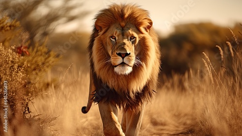 Majestic lion prowling the savannah  emphasizing its dominant presence