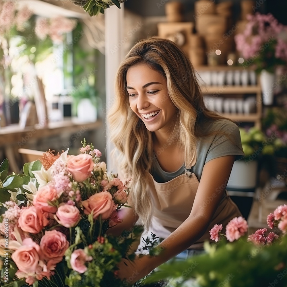 Florist in a flower shop with a bouquet of flowers. Generative AI