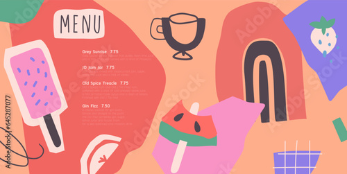 Design menu. Abstract shape. Ice cream, coffee, fruits and berries. For a beach bar. Groovy style.  Vector illustration.