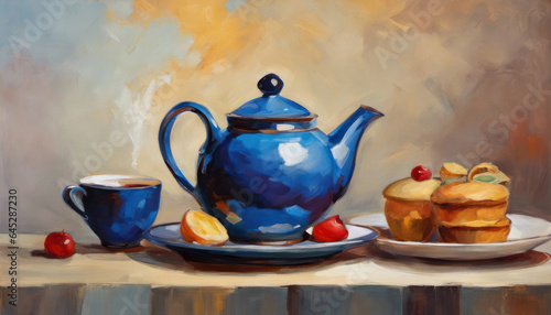 Tea with small cakes and teapot with copy space digital art 