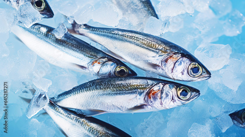  Fresh sardines on ice. Seafood background. Generative AI