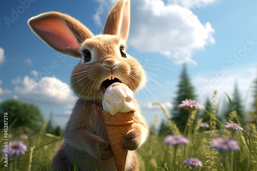 Fototapeta rabbit eats ice cream