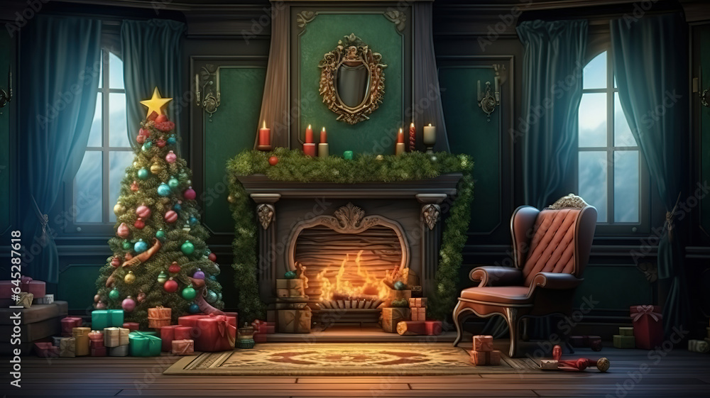 Flat design christmas fireplace scene. Generative Ai