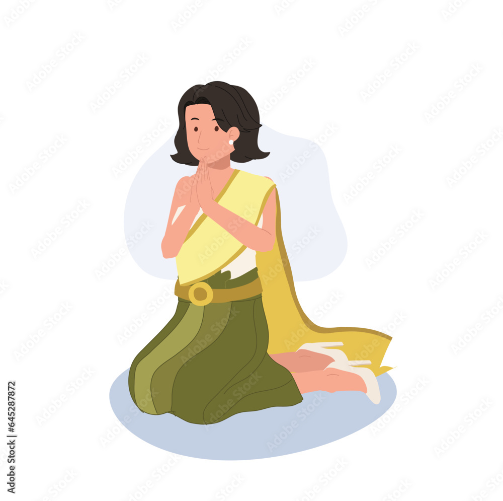 Thai Culture concept. Thai woman in traditional dress is sitting and praying , making wai. Praying Gesture Thai Culture concept. Thai woman in traditional dress is sitting and praying , making wai. Praying Gesture