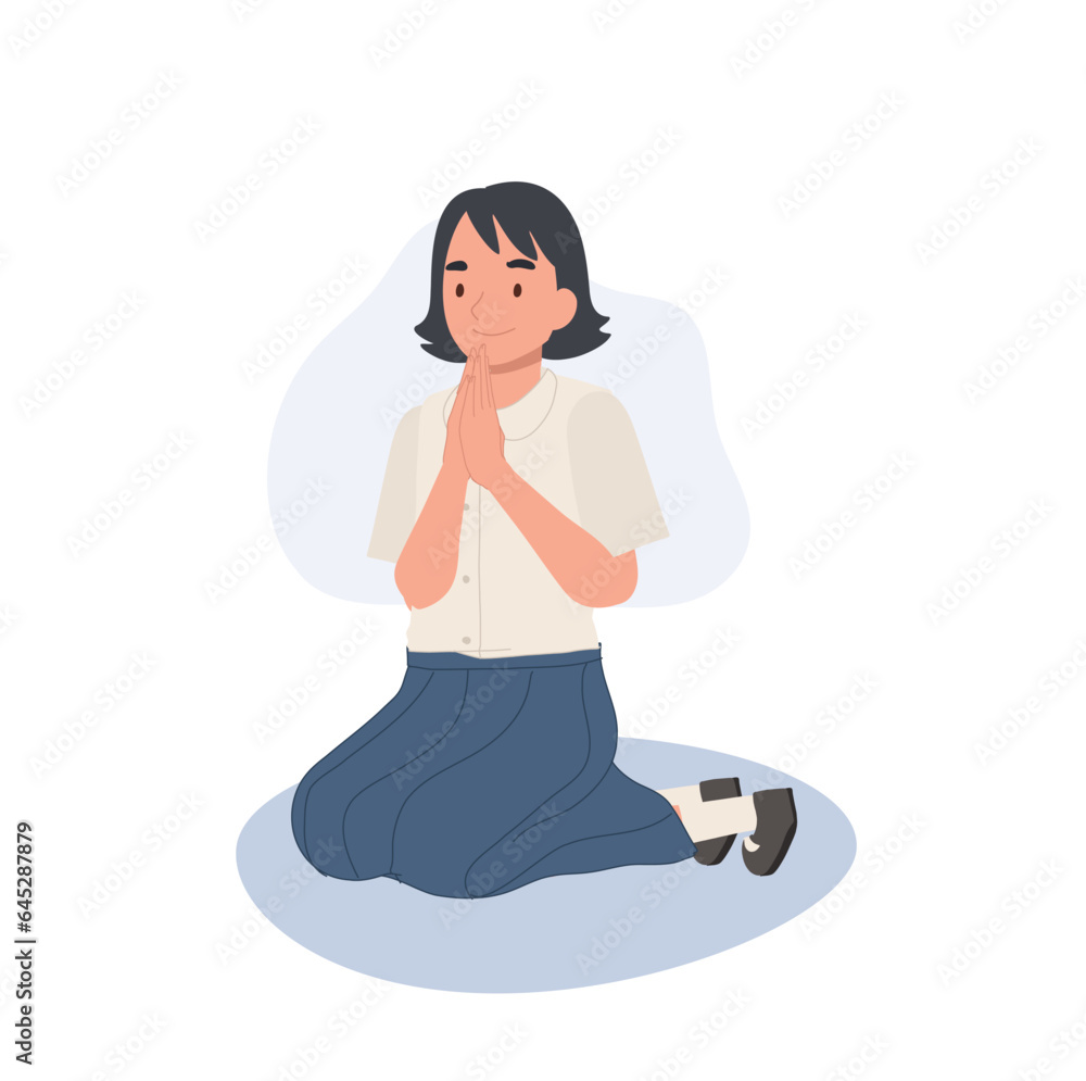 Thai Culture concept. Thai student girl is sitting and praying , making wai. Praying Gesture Thai Culture concept. Thai student girl is sitting and praying , making wai. Praying Gesture