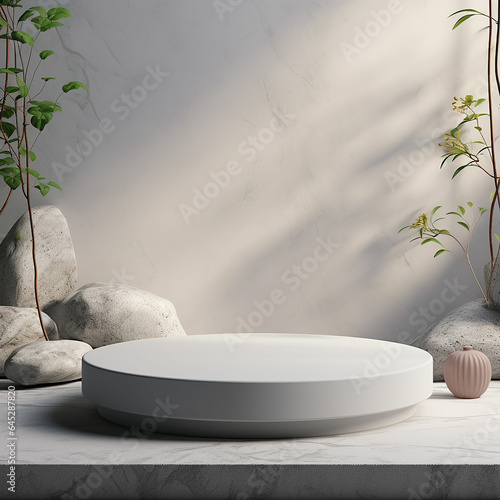 White stone podium minimal product display pedestal rock cosmetic or beauty product placement studio platform 3d background. Made with generative ai