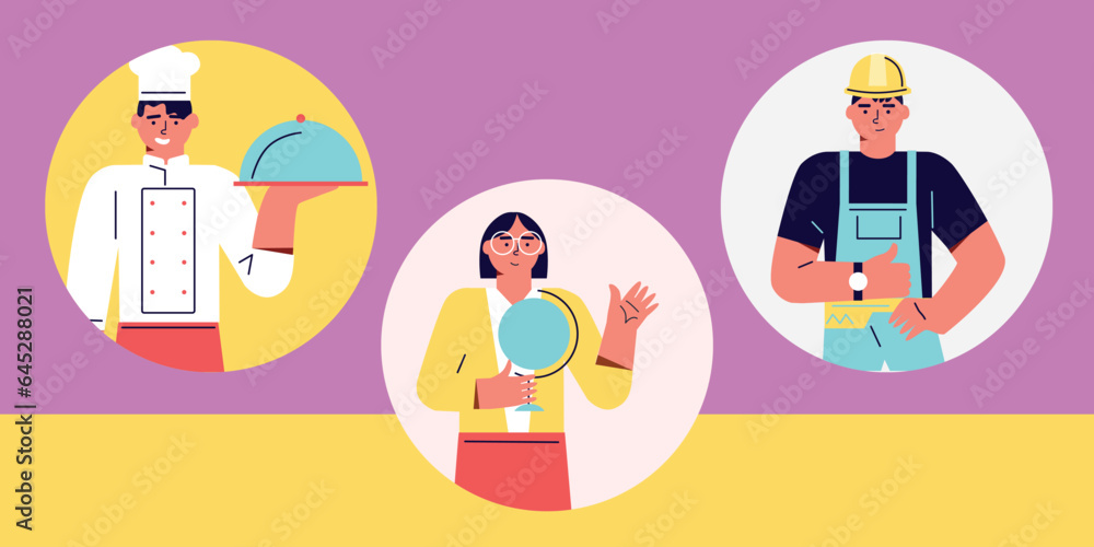 Labor day. Vector illustration in cartoon flat style. Various professions and specialists
Labor day. Vector illustration in cartoon flat style. Various professions and specialists