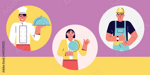 Labor day. Vector illustration in cartoon flat style. Various professions and specialists	
 photo