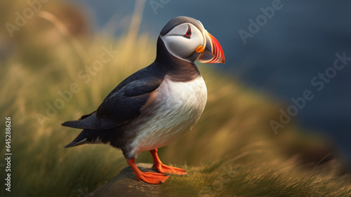 photograph of A Puffin, Heimaey coast, South Iceland telephoto lens realistic natural lighting.generative ai