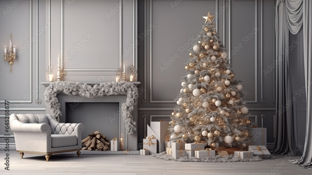Christmas tree with christmas decorations in living room with fireplase. Generative Ai