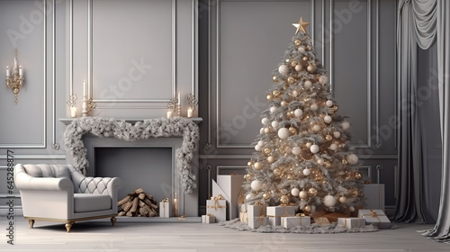 Christmas tree with christmas decorations in living room with fireplase. Generative Ai photo