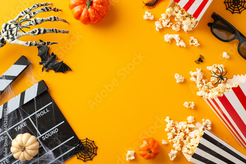 Halloween cinema theme with eerie decor, skeletal hand, pumpkins, creepy crawlies, spiders, and bat. Top view on orange backdrop, 3D glasses, clapperboard, popcorn. Empty frame for text or ad photo