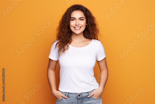 design mockup, plus sized woman wearing white blank t-shirt on a bright yellow background