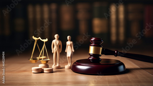 The concept of law and justice. Judge's gavel and family figurines on the table