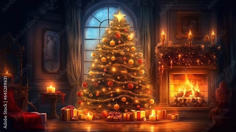 Christmas fireplace with xmas tree, presents and armchair. Generative Ai