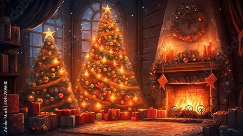 Decorated Christmas tree in front of the fireplace with various candles. Generative Ai