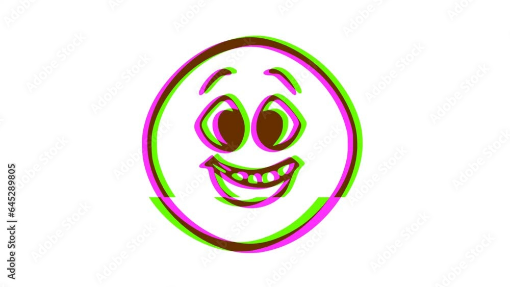 Happy emoticon with glitch effect. Cartoon face animation, Emoji motion