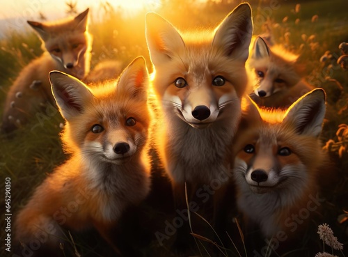 A group of foxes looking at the camera