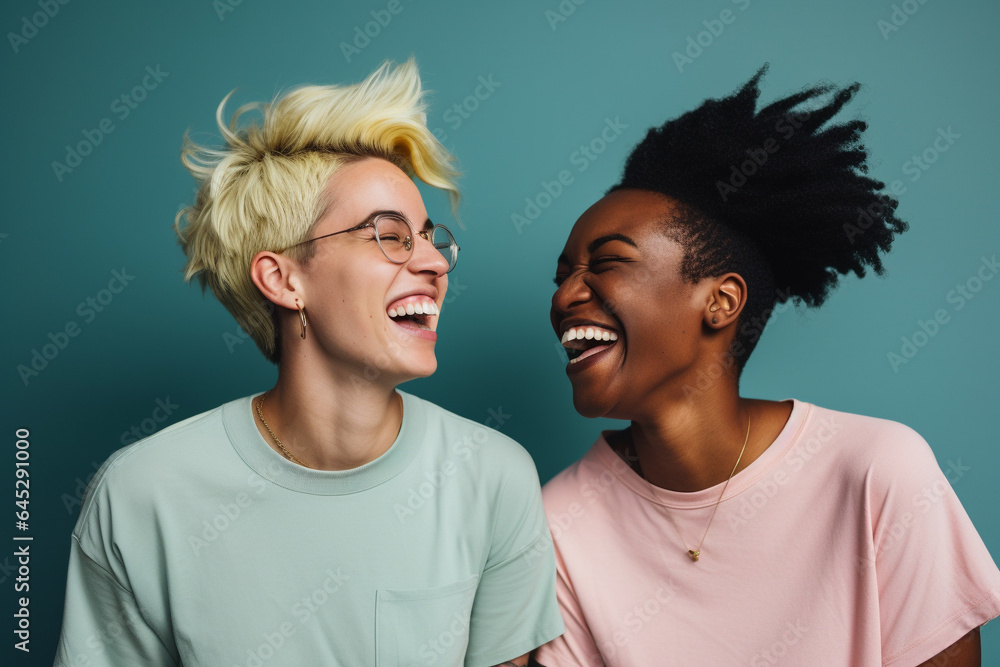 Two best friends of different races share laughter and joy in a studio, highlighting their close bond. Two best friends of different races share laughter and joy in a studio, highlighting their close bond.