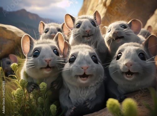 A group of chinchillas looking at the camera