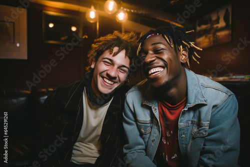 In a studio setting, two interracial best friends laugh and have a great time together, exemplifying their strong friendship.