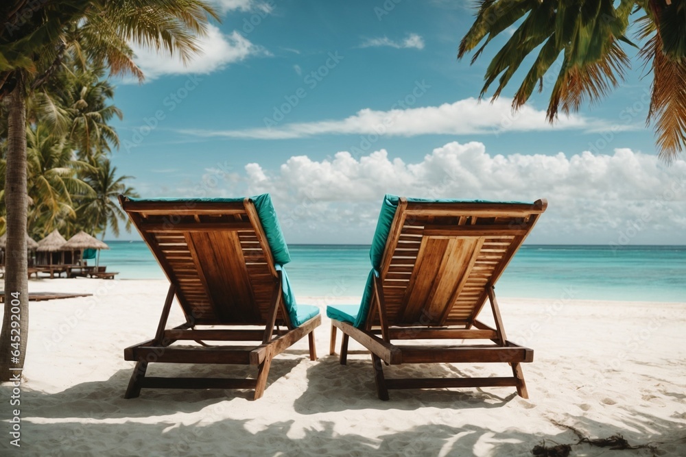 Beach chairs and umbrella on a tropical beach.