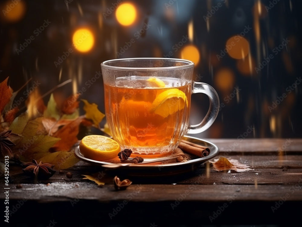 Picture of warming autumn drinks enjoyed during cold, rainy weather, embracing the hygge concept. Picture of warming autumn drinks enjoyed during cold, rainy weather, embracing the hygge concept.