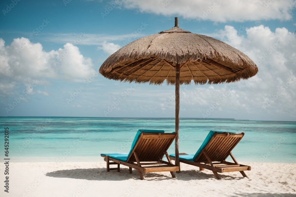 Fototapeta premium Beach chairs and umbrella on a tropical beach.