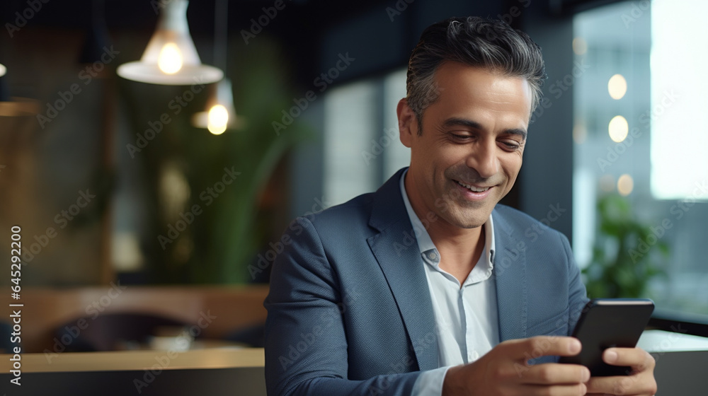 A close-up of a smiling, mature businessman, either Latin or Indian, using a smartphone in his office for digital business solutions. A close-up of a smiling, mature businessman, either Latin or Indian, using a smartphone in his office for digital business solutions.